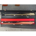 THREE CASED SNOOKER CUES TO INCLUDE A BUFFALO EXAMPLE