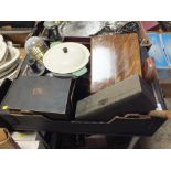 A TRAY OF VINTAGE COLLECTABLES TO INCLUDE TREEN CANDLESTICKS, VINTAGE IRON ETC.