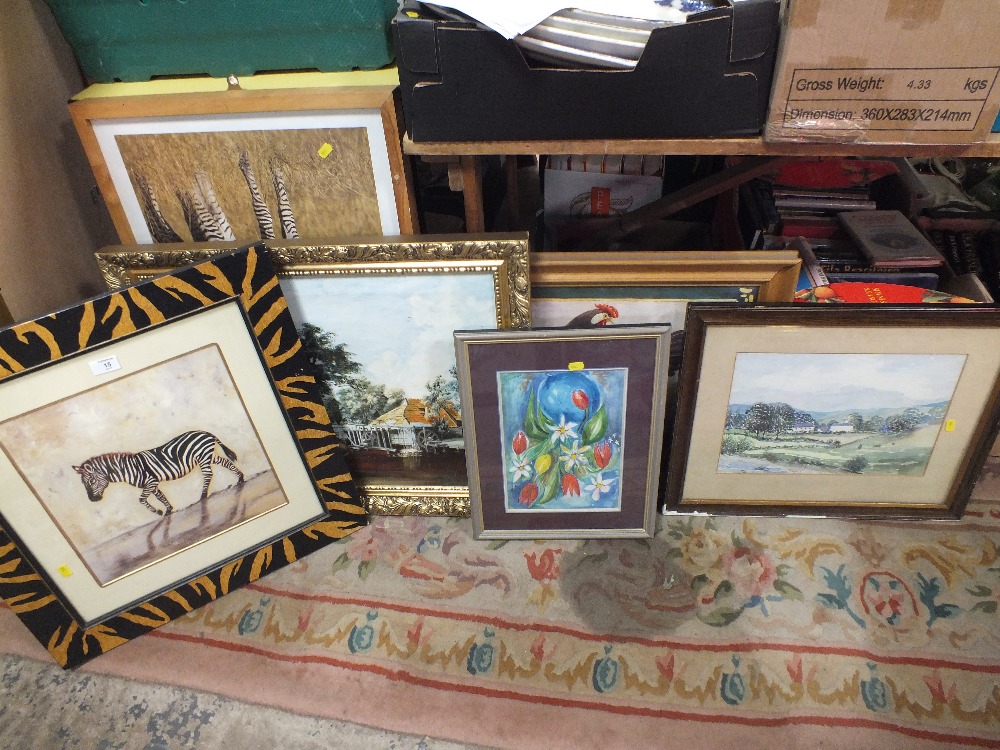 A COLLECTION OF PICTURES AND PRINTS TO INCLUDE GILT FRAMED OIL ON CANVAS, WATERCOLOUR ETC