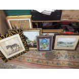 A COLLECTION OF PICTURES AND PRINTS TO INCLUDE GILT FRAMED OIL ON CANVAS, WATERCOLOUR ETC