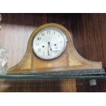 AN INLAID MAHOGANY NAPOLEON HAT MANTLE CLOCK TOGETHER WITH AN OAK EXAMPLE (2)