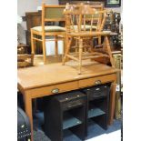 A PAINTED TWO DRAWER DESK TOGETHER WITH A SMOKERS BOW ARMCHAIR (2)