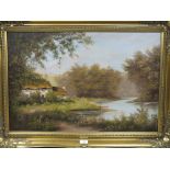 A LARGE GILT FRAMED OIL ON CANVAS DEPICTING A RIVERSIDE COTTAGE SIGNED J HEATH