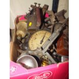 A TRAY OF VINTAGE TOOLS AND PARTS TO INCLUDE A BURNER ETC