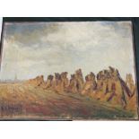 AN UNFRAMED IMPRESSIONIST OIL ON BOARD SIGNED W. COPPENS DEPICTING CORN STUKES WITH DISTANT SPIRE