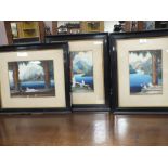 A SET OF THREE FRAMED AND GLAZED OIL PAINTINGS DEPICTING SEMI-NUDE FIGURES IN ROMAN SETTINGS