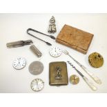 A BAG OF COLLECTABLES TO INCLUDE HALLMARKED SILVER SUGAR TONGUES, WATCH MOVEMENTS ETC