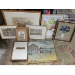 A QUANTITY OF OIL PAINTINGS, WATERCOLOURS AND PRINTS TO INCLUDE STILL LIFE STUDY OF FLOWERS, STREETS