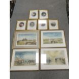 FOUR GILT FRAMED AND GLAZED SIGNED ANTOINE RAYMOND PRINTS TOGETHER WITH A SET OF SIX FRAMED AND