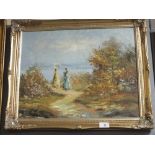 A GILT FRAMED OIL ON BOARD DEPICTING EDWARDIAN LADIES IN A LANDSCAPE SIGNED VELOSI