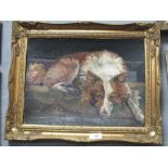 A GILT FRAMED OIL ON BOARD DEPICTING A COLLIE DOG A/F