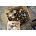 A BOX OF COPPER ITEMS ETC