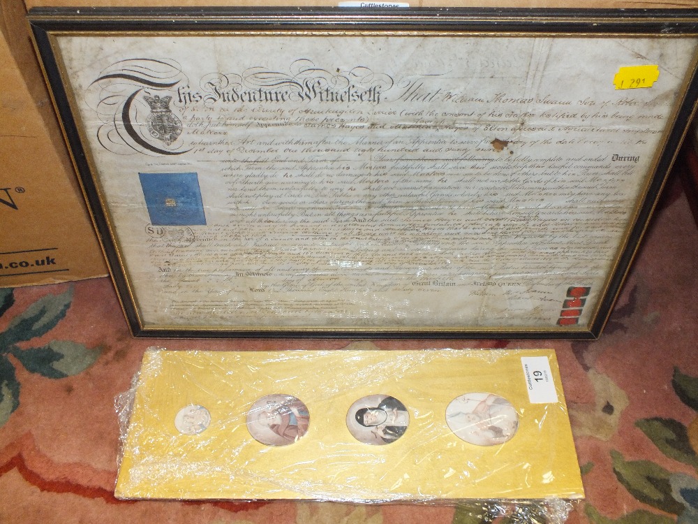 A SET OF FOUR MOUNTED MINIATURE PORTRAITS TOGETHER WITH A FRAMED AND GLAZED INDENTURE