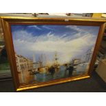 A LARGE MODERN GILT FRAMED OIL ON CANVAS OF A VENETIAN SCENE