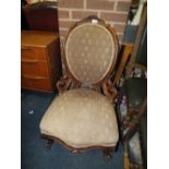 A VICTORIAN MAHOGANY CARVED AND UPHOLSTERED LADIES CHAIR