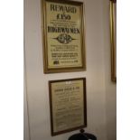 A REPRODUCTION FRAMED AND GLAZED REWARD POSTER TOGETHER WITH ANOTHER POSTER AND A GILT FRAMED MIRROR