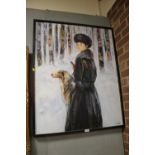 A LARGE OIL ON CANVAS OF A WOMAN WALKING A DOG IN A SNOWY WOODLAND SIGN ROD WALKER
