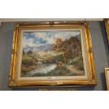 A GILT FRAMED OIL PAINTING OF HIGHLAND CATTLE IN A STREAM SIGNED PRUDENCE TURNER