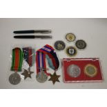 THREE WWII MEDALS TOGETHER WITH MODERN COINS ETC