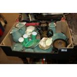 A TRAY OF ASSORTED DENBY STONEWARE, SPODE ETC