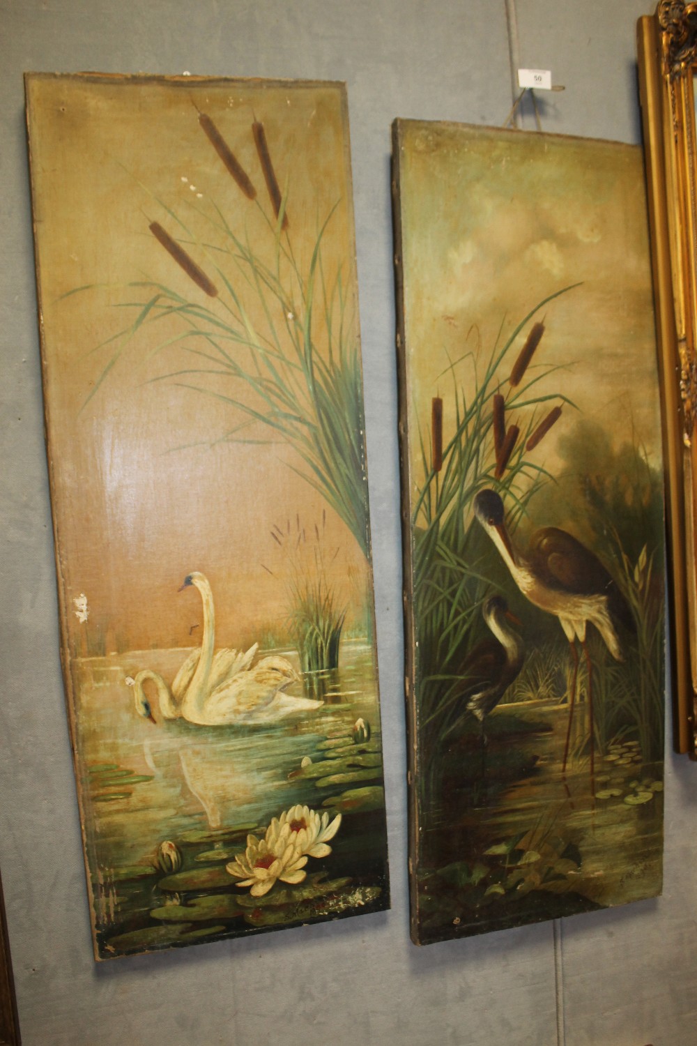 A PAIR OF TALL VINTAGE OIL PAINTINGS OF WATERFOWL SIGNED S MACHIN 1890