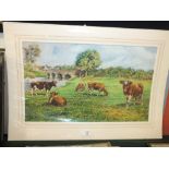 A MOUNTED WATERCOLOUR OF CATTLE GRAZING BY A BRIDGE OVER THE RIVER SIGNED HARRY W POTTER