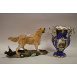 A ROYAL DOULTON GOLDEN RETRIEVER TOGETHER WITH A TWIN HANDLED HAND PAINTED VASE A/F