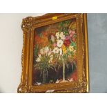 A GILT FRAMED OIL ON BOARD STILL LIFE STUDY OF FLOWERS SIGNED JOHN R MARSHALL