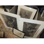 A BOX OF PICTURES PRINTS AND ENGRAVINGS TO INCLUDE WATERCOLOURS DEPICTING JUDGES