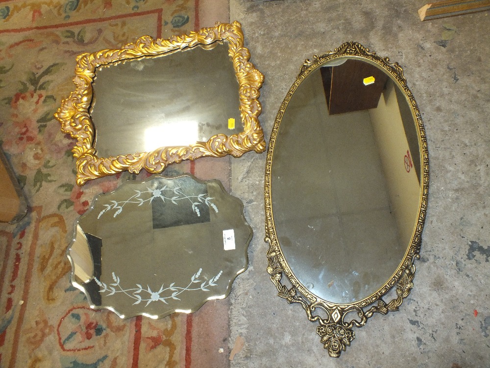 TWO GILT FRAMED MIRRORS TOGETHER WITH A SHAPED MIRROR (3)