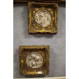 TWO HEAVY DETAIL GILT FRAMED MARBLE STYLE PLAQUES OF CLASSICAL STYLE SCENES