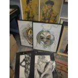 TWO PAIRS OF PRINTS TOGETHER WITH TWO CHARCOAL MUSE STUDIES SIGNED K WISE (6)