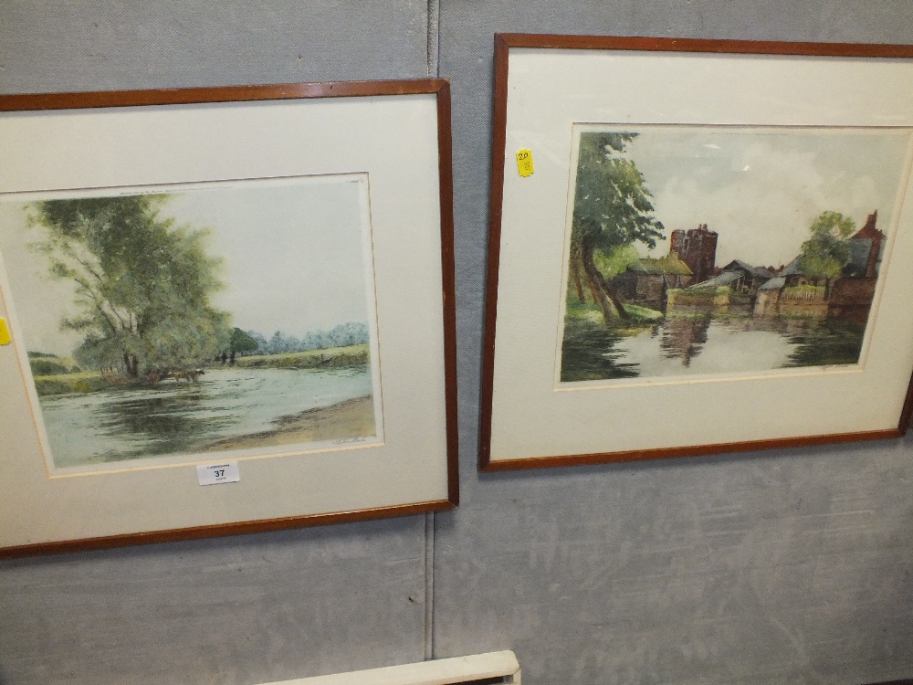 A PAIR OF FRAMED, GLAZED AND COLOURED ETCHINGS SIGNED TATTON WINTER WITH GALLERY LABELS VERSO