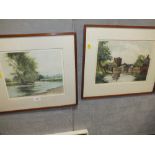A PAIR OF FRAMED, GLAZED AND COLOURED ETCHINGS SIGNED TATTON WINTER WITH GALLERY LABELS VERSO