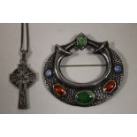 A CHESTER HALLMARKED SILVER AND ENAMEL CELTIC STYLE BROOCH, TOGETHER WITH A SILVER CELTIC CROSS ON