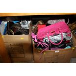 TWO BOXES OF MODERN LADIES HANDBAGS AND CLOTHING ACCESSORIES, SHOES ETC.