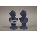 A PAIR OF BLUE WEDGWOOD JASPERWARE BUSTS