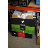 THREE BOXES OF HABERDASHERY AND CARD MAKING EQUIPMENT ETC