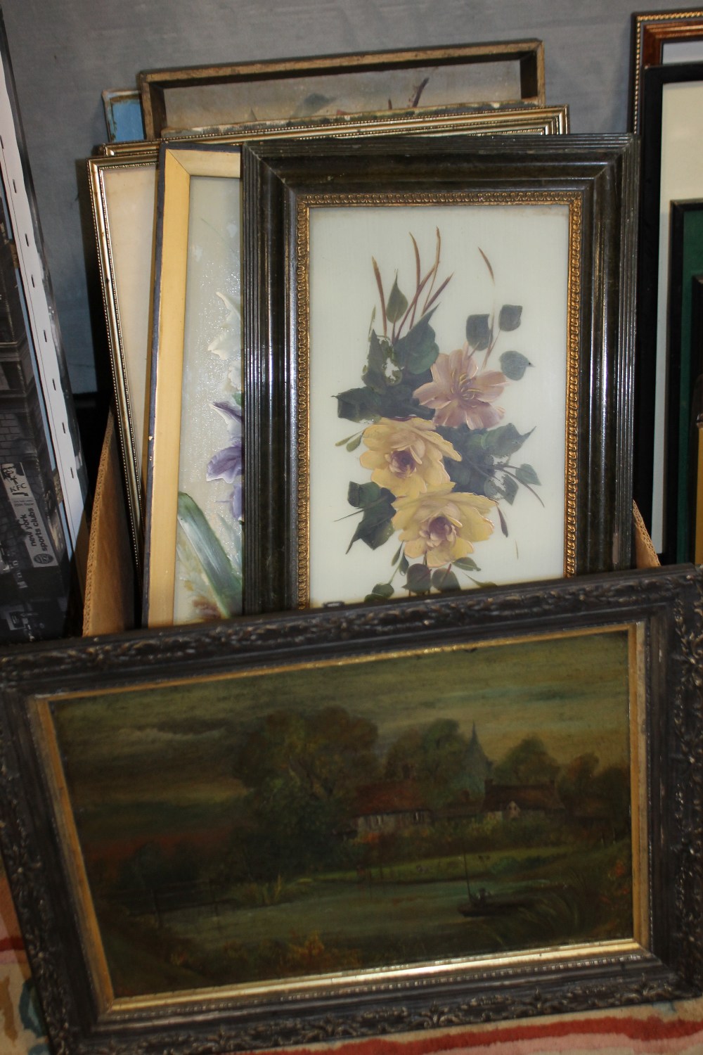 A COLLECTION OF ASSORTED WATERCOLOURS AND PAINTINGS TO INCLUDE FLORAL OILS ETC
