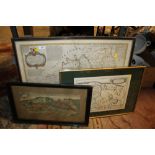 AN ANTIQUE THOMAS KITCHEN MAP PLUS ANOTHER TOGETHER WITH A BIRDS EYE COLOURED ENGRAVING OF WERDEN