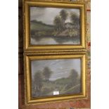 A PAIR OF VINTAGE GILT FRAMED OIL PAINTINGS DEPICTING COUNTRY LANDSCAPES - ONE INDISTINCTLY SIGNED