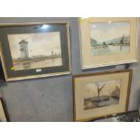 THREE FRAMED AND GLAZED WATERCOLOUR OF DOCKLAND AND HARBOUR SCENES BY VARIOUS ARTISTS