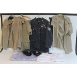 A QE II RAF SERGEANT'S UNIFORM AND A BUSH JACKET, together with two caps and shirts etc