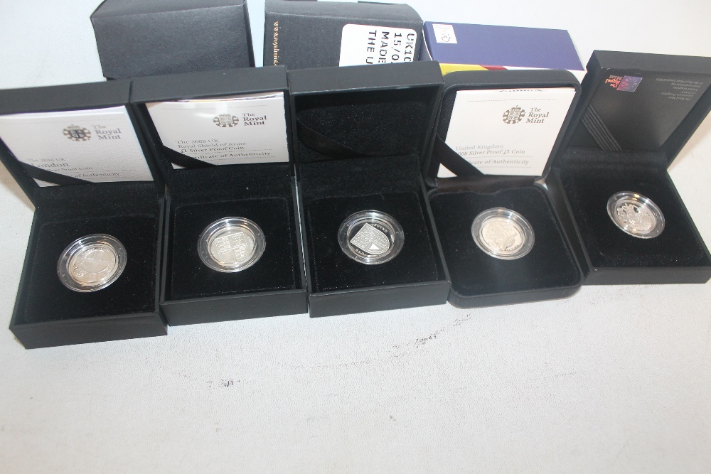 SILVER PROOF £1 COINS BLACK BOX TYPE, 2008 x 2, 2008 Piedfort, 2010, 2015