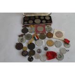 A 1953 SPECIMEN COIN SET IN FITTED CASE, together with various coins, medals, and tokens, to includ