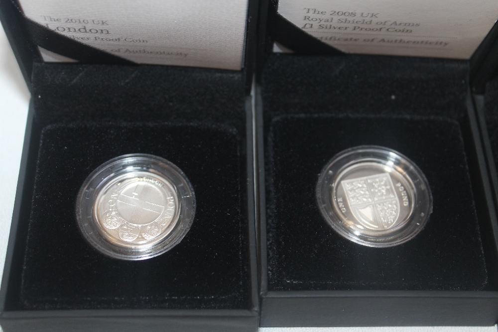 SILVER PROOF £1 COINS BLACK BOX TYPE, 2008 x 2, 2008 Piedfort, 2010, 2015 - Image 2 of 3