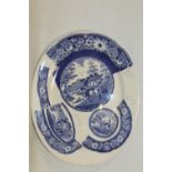 A LATE 19TH CENTURY BLUE & WHITE SALESMAN SAMPLE PLATE, a large oval type with sample sections of b