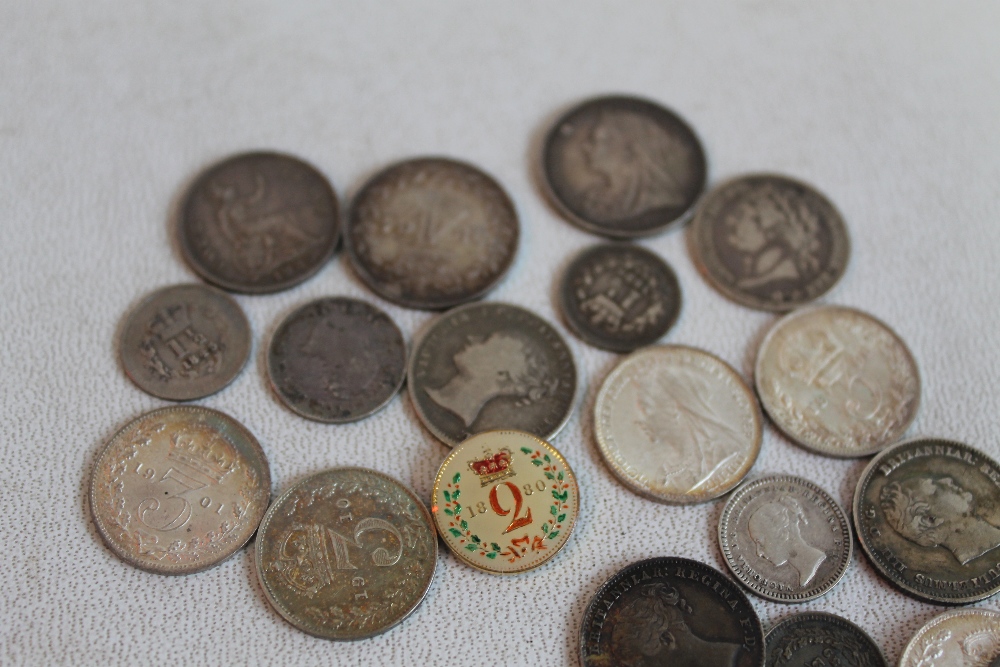 A COLLECTION OF SMALL SILVER ISSUES, three halfpence - groat to include some Maundy types, George I - Image 2 of 3