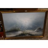 A MODERN GILT FRAMED OIL ON CANVAS OF A BEACH SCENE SIGNED LOWER RIGHT