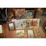 A BOX OF OIL PAINTINGS AND PRINTS ETC TO INCLUDE STILL LIFE OIL ON CANVAS ETC